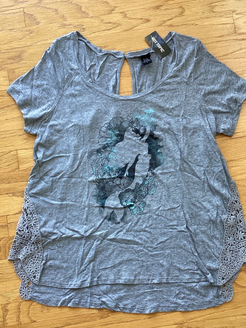 Hot Topic Gray Tee with Teal Floral Mermaid Graphic and Lace Sides